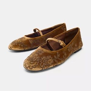 Zara Brown Embroidered Velvet Flats